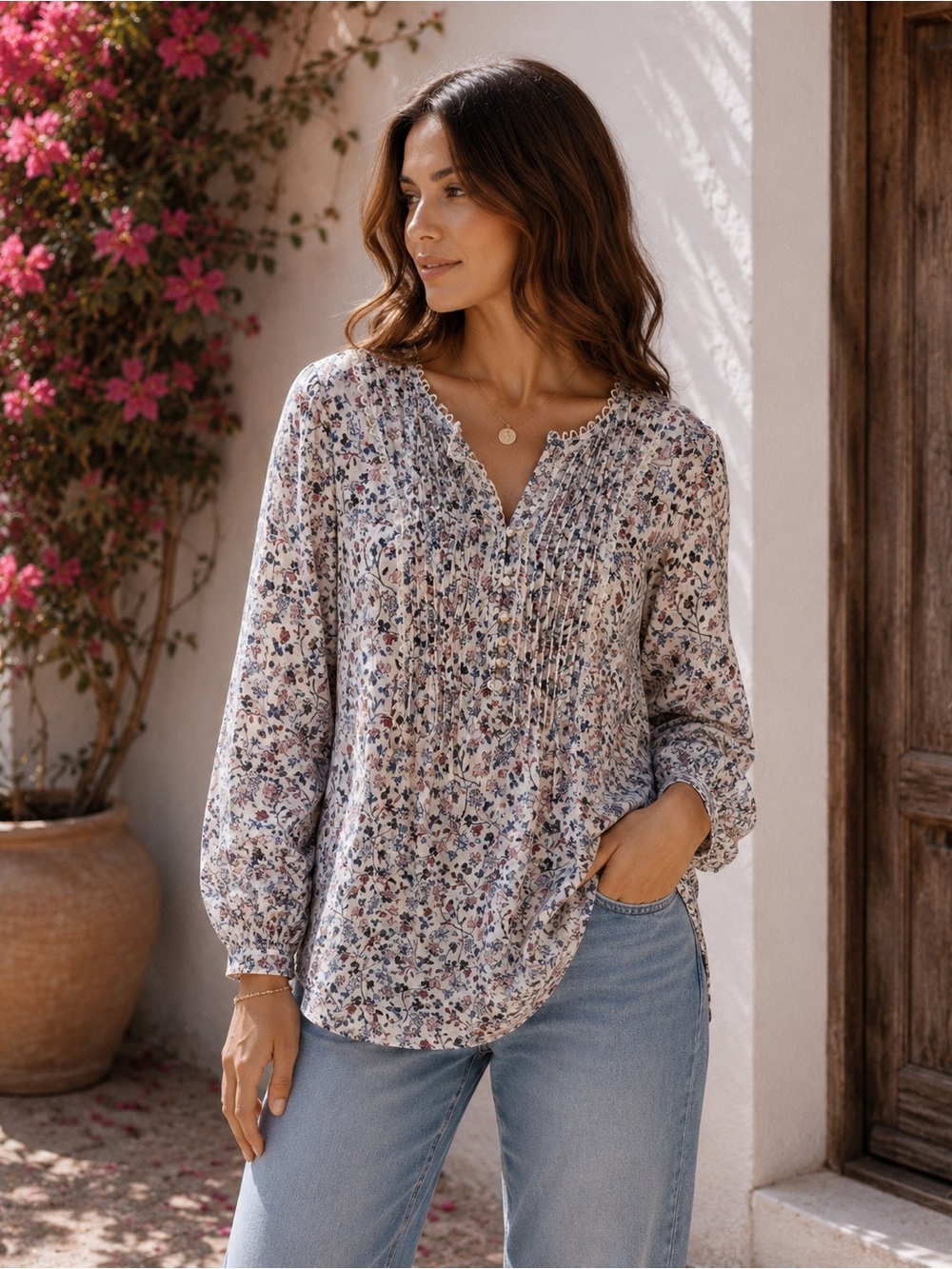 Veronica Beard Silk Floral Pintuck V-Neck Blouse